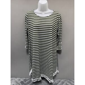 Jodifl green and white striped soft dress with fringe hem lace button detail S